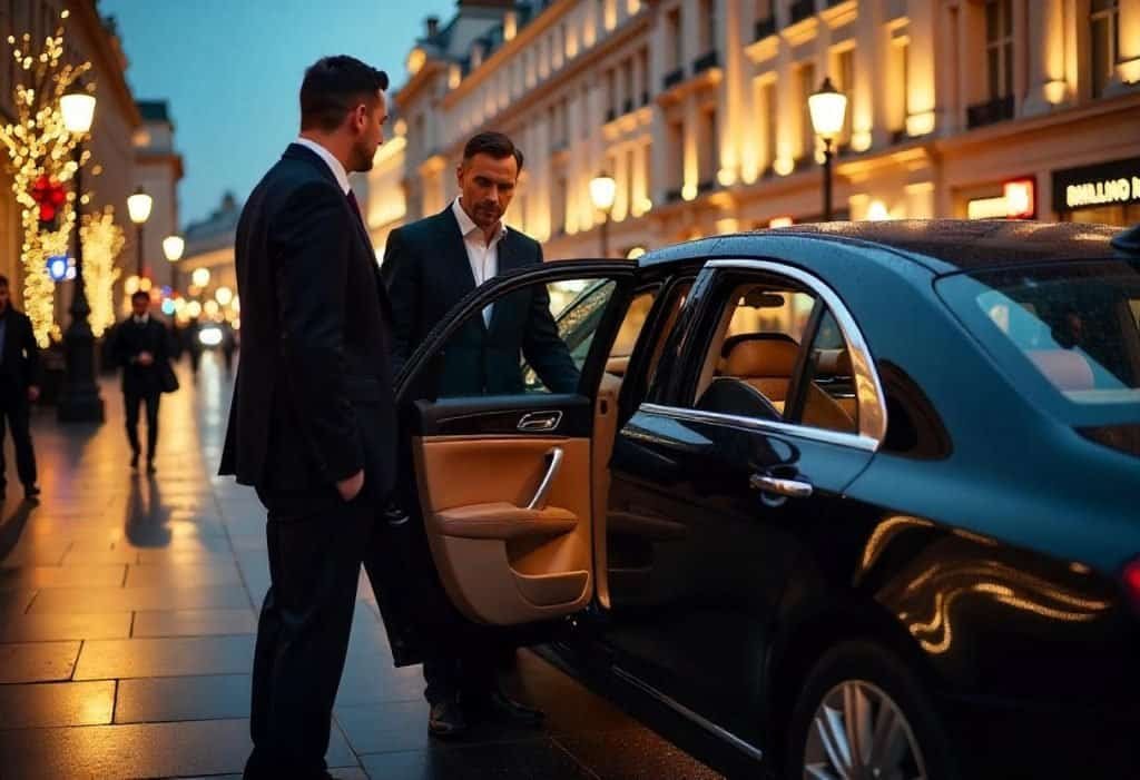hourly chauffeur service boston-Chauffeur opening a car door outside a luxury venue at night in London
