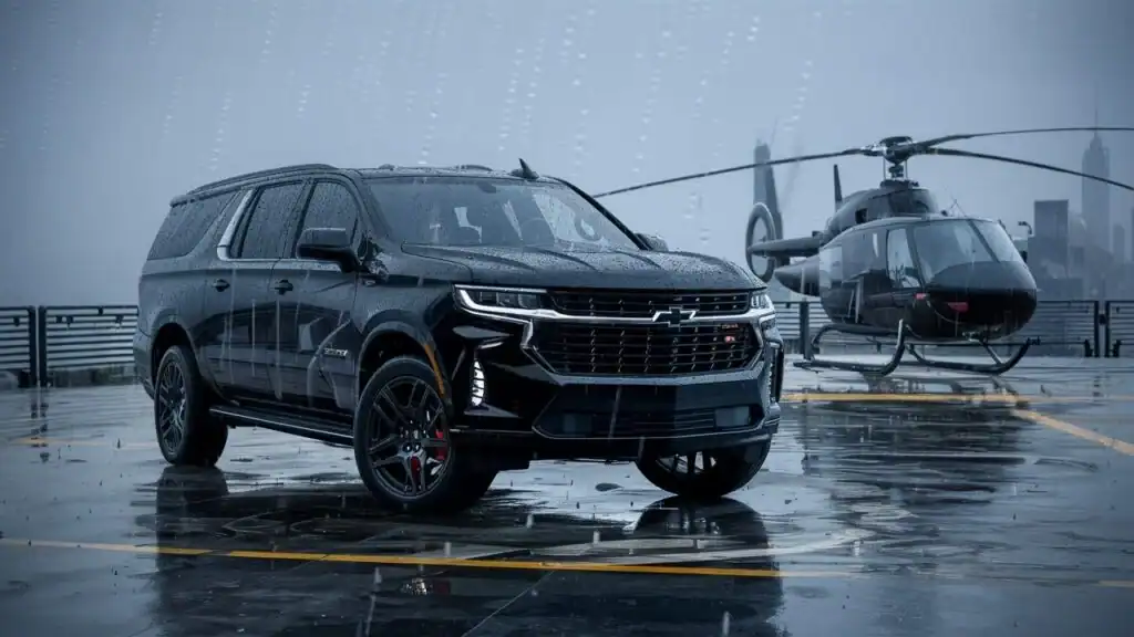 Black SUV on a wet rooftop with a city skyline in the background, featuring a helicopter nearby; references to Boston and Newton in luxury chauffeur context
