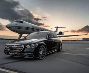 Luxury black car providing professional airport transportation service