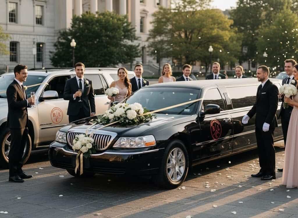 Professional black limousine with wedding decorations parked in front of an elegant venue