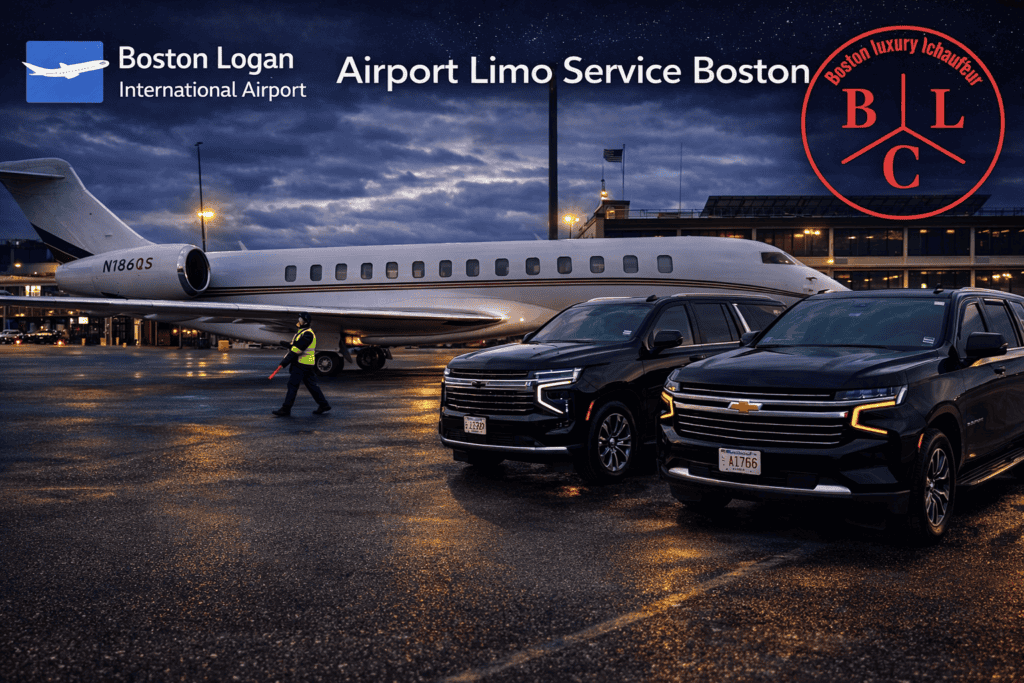 Luxury chauffeur and black SUV transfer at Logan Airport in Boston. Reliable corporate transportatio.