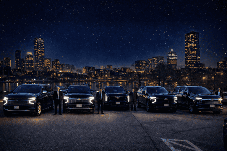 boston limo car service Luxury SUVs at night with city skyline in the background.