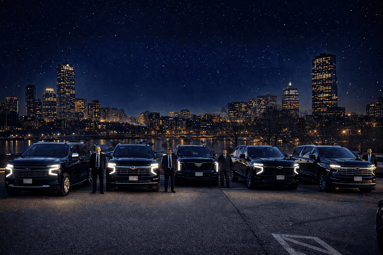 boston limo car service Luxury SUVs at night with city skyline in the background.