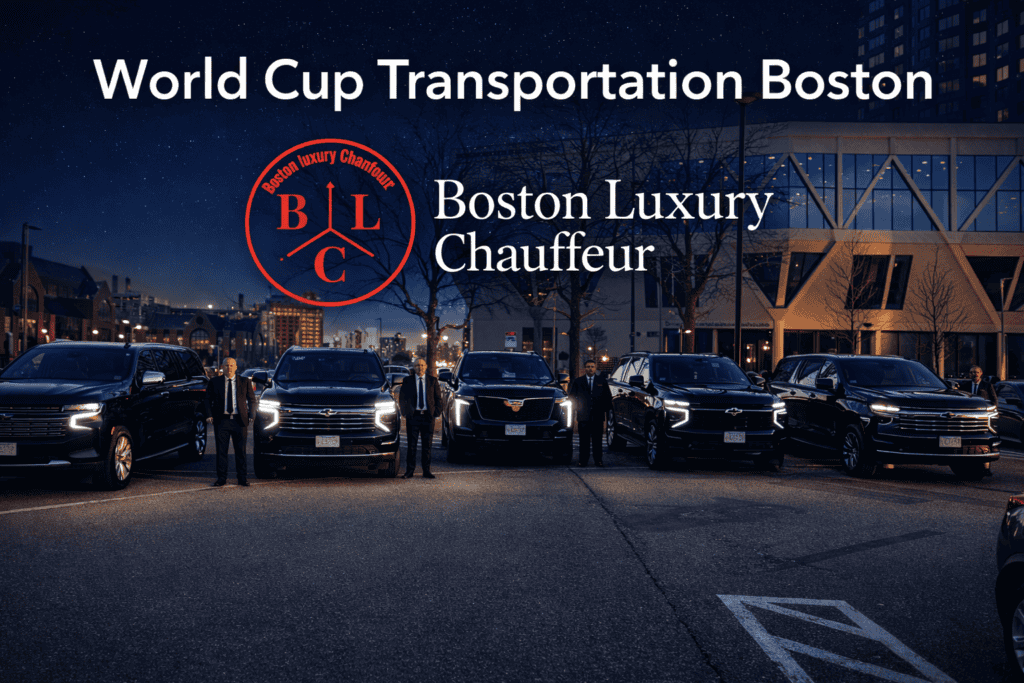 Boston World Cup 2026 Transportation Fleet of black SUVs and sedans for Logan Airport transfers in Boston.