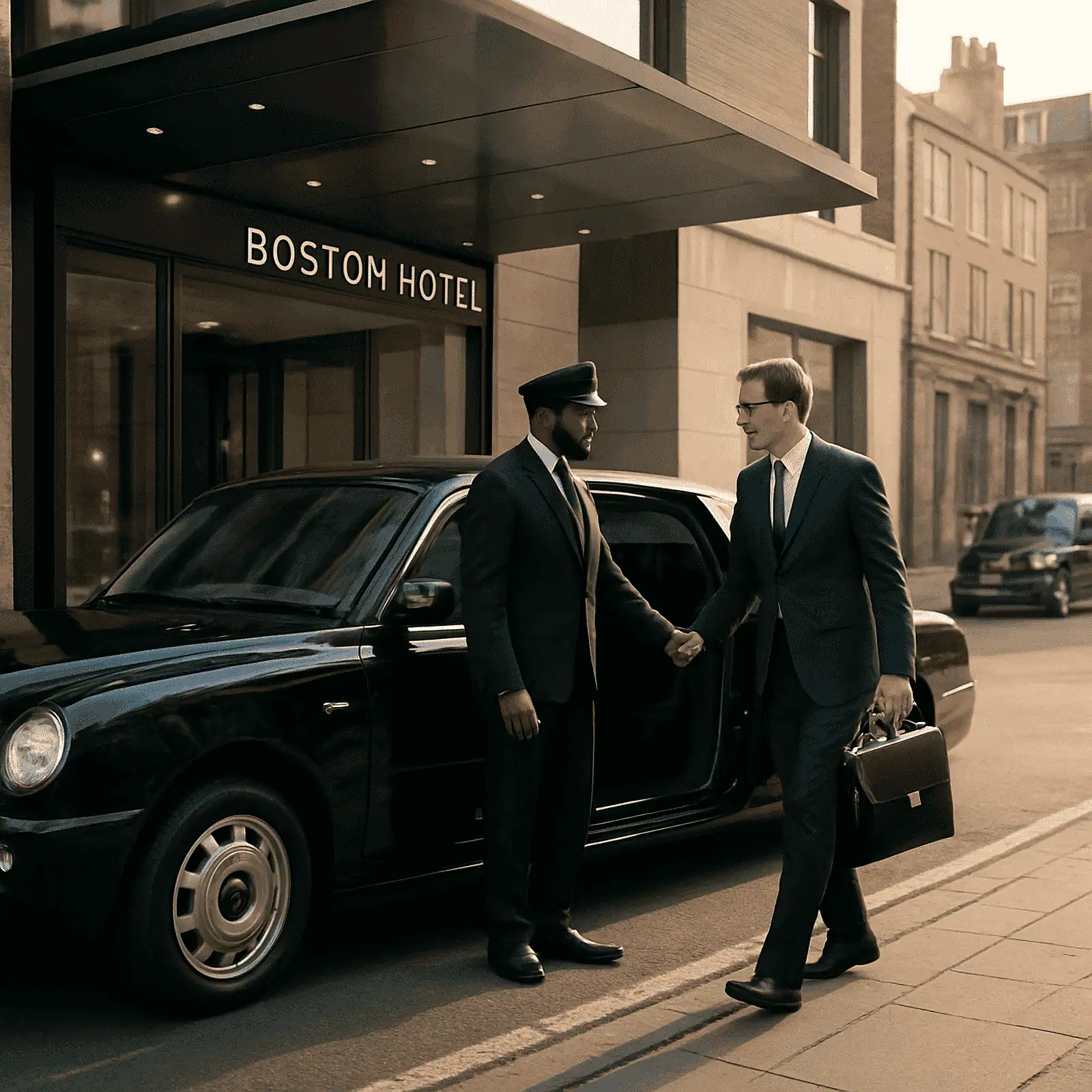 Boston Luxury Chauffeur driver greeting passenger outside hotel