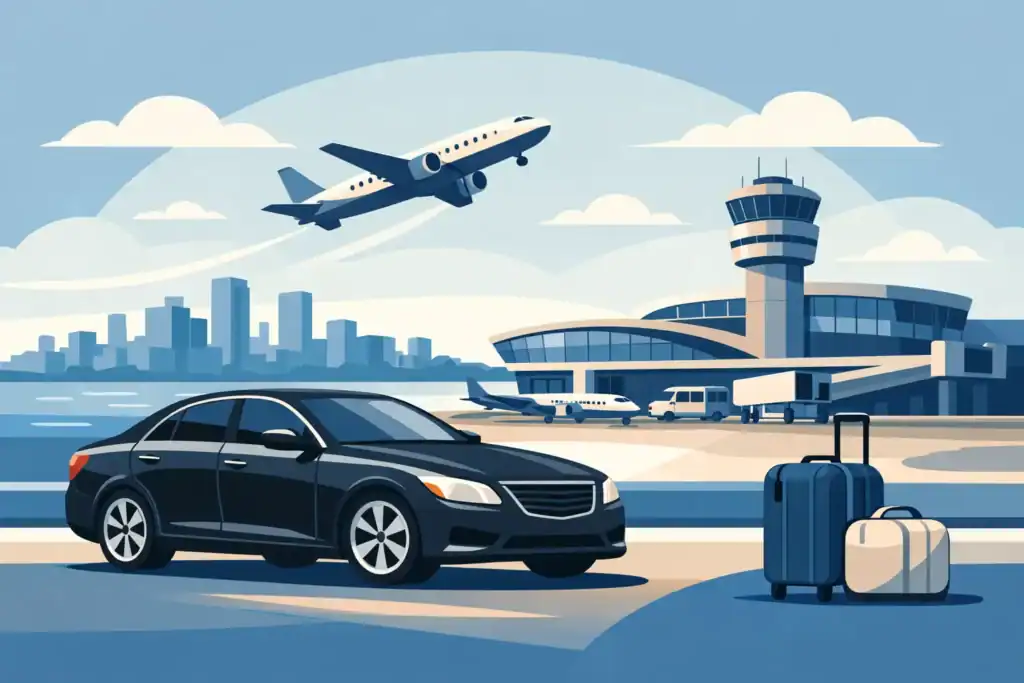 Luxury black sedan at Boston Logan Airport with luggage and airplanes overhead.
