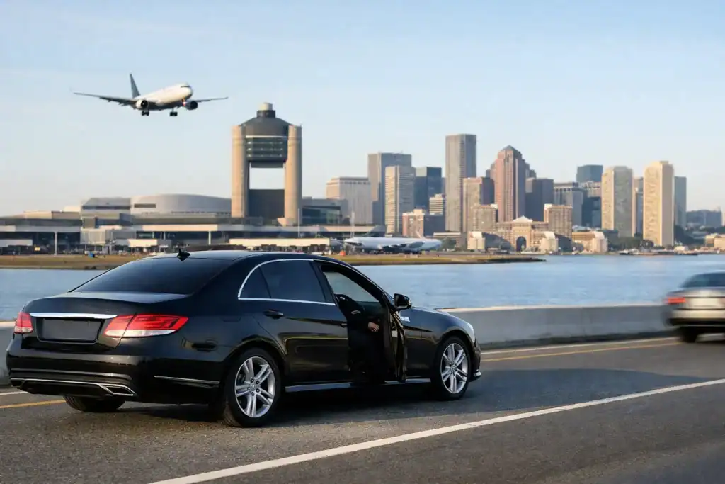 Luxury black sedan parked near Boston skyline with airplane overhead.