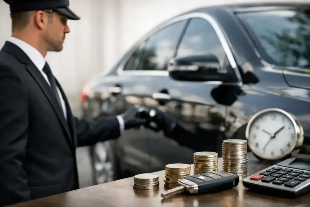 Chauffeur inspecting black luxury SUV for airport transfer service.