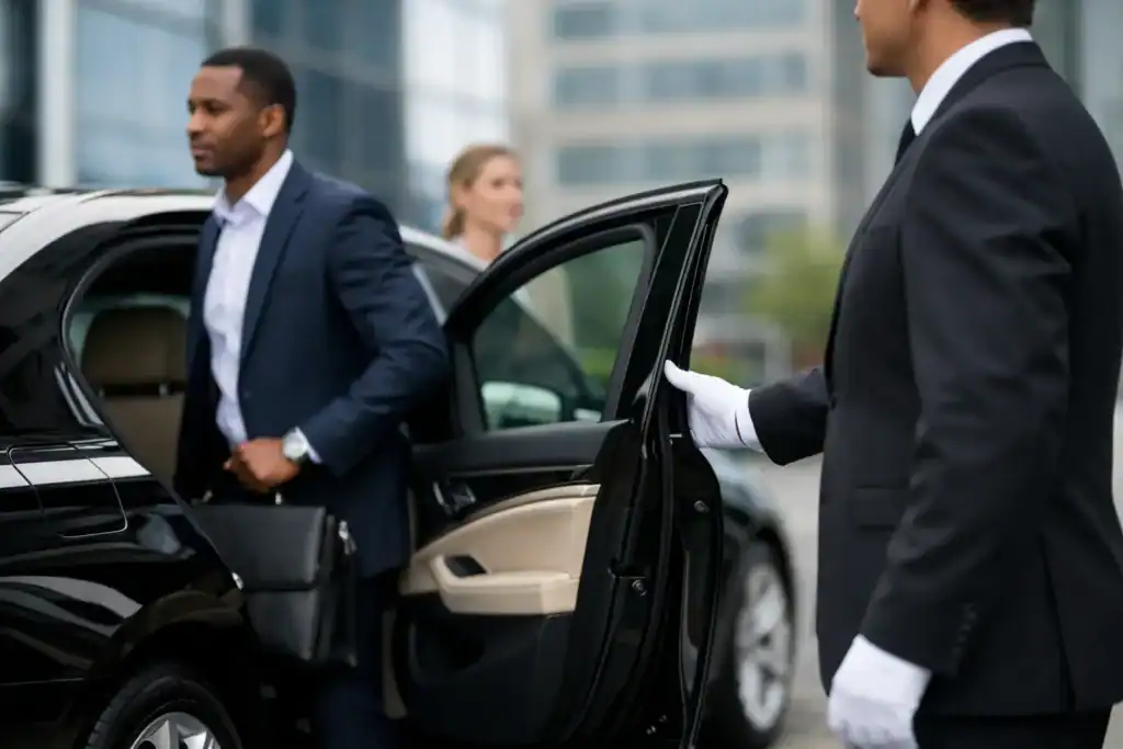 Luxury chauffeur opening car door for passenger at Logan Airport.