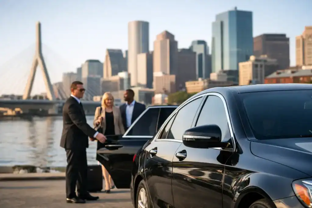 Luxury black SUV and sedan with businesspeople by Boston waterfront.