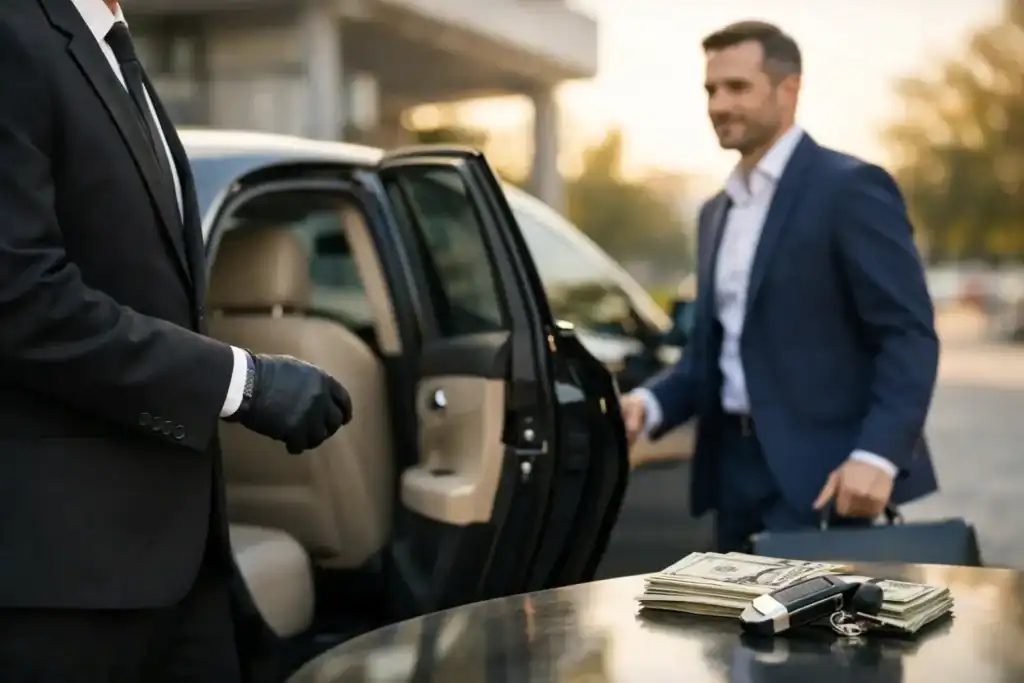 Luxury chauffeur opening car door for passenger at Logan Airport.