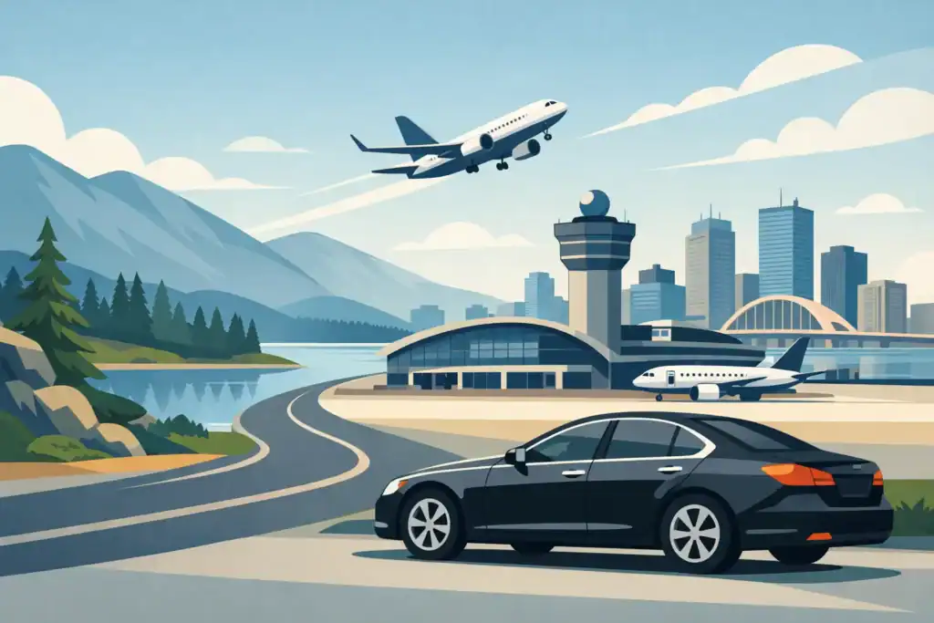 Luxury black sedan at Boston Logan Airport with city skyline in background.