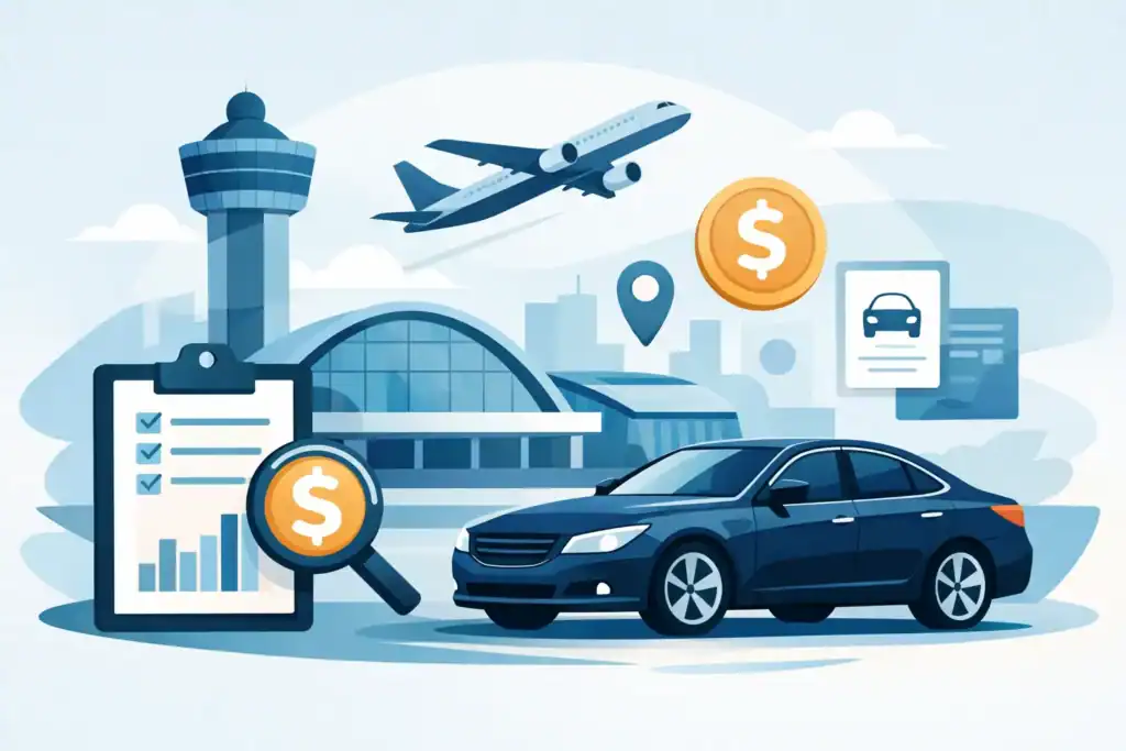 Luxury black sedan at Boston Logan Airport with flight and payment icons.