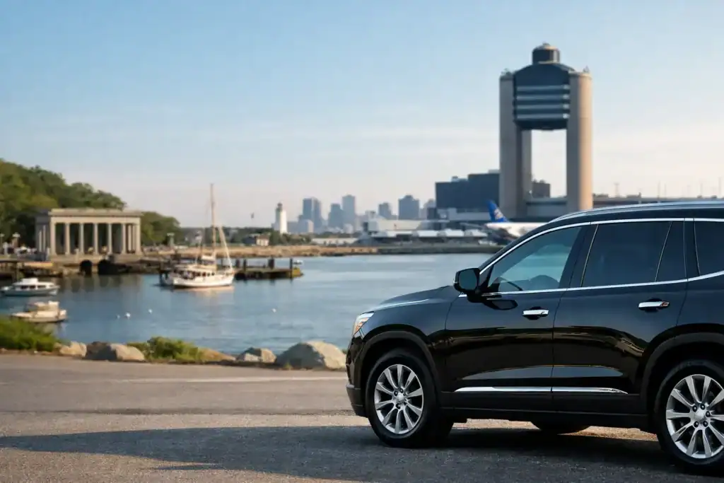 Luxury black SUV parked near Boston harbor with city skyline in background.