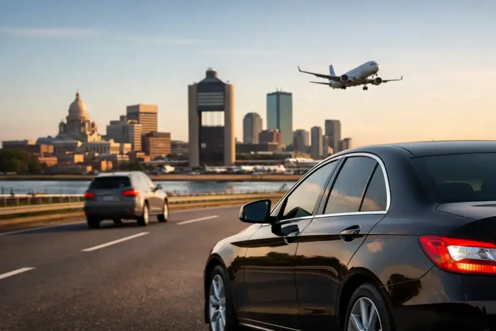 Luxury black sedan on highway with Boston skyline and airplane in sky.