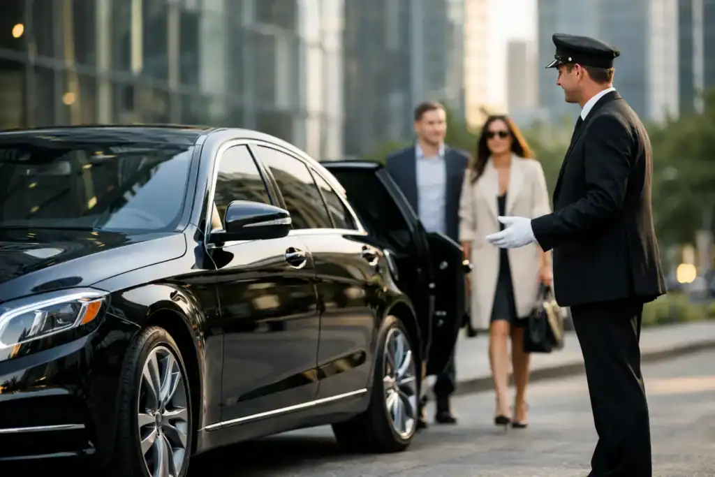 Luxury chauffeur opening car door for clients in Boston.