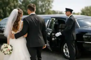 Bride and groom arriving in a luxury car with chauffeur in Boston.