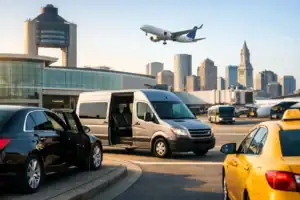 Luxury black SUV and sedan at Boston Logan Airport with city skyline in background.