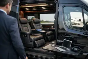 Luxury black SUV with interior seats and tech amenities for business travel.