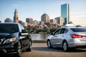 Luxury black SUV and silver sedan parked with Boston skyline in background.