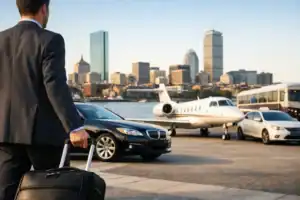 Business traveler with luggage at Boston Logan Airport with city skyline in background.