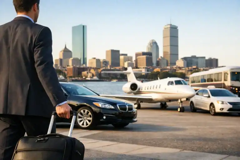 Business traveler with luggage at Boston Logan Airport with city skyline in background.