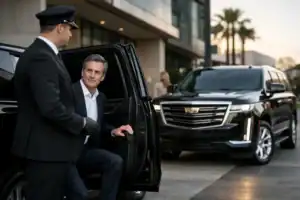 Luxury chauffeur opening car door for passenger at Logan Airport.