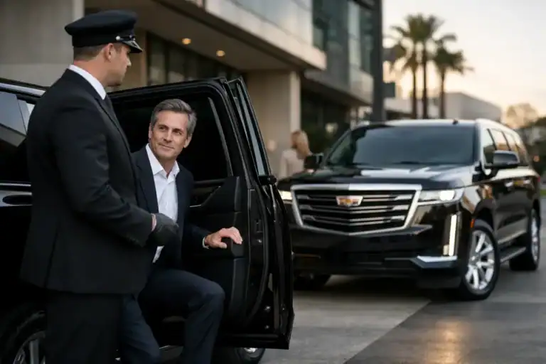 Luxury chauffeur opening car door for passenger at Logan Airport.