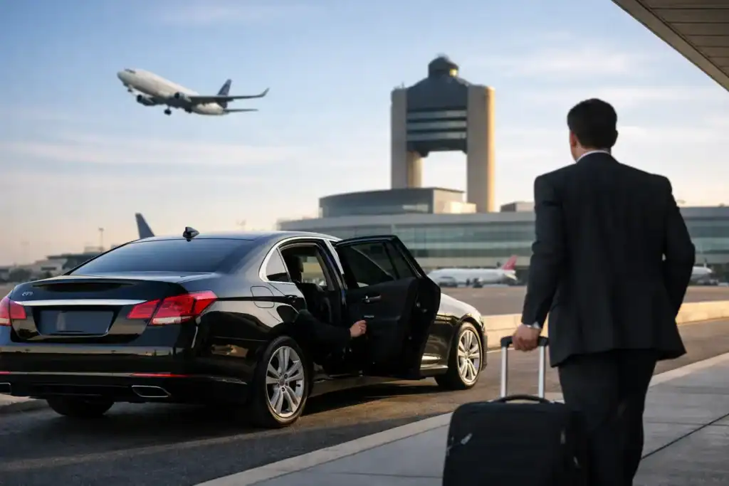 Business traveler with luggage arriving at Logan Airport in Boston.