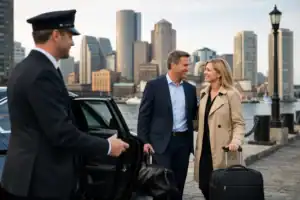 Luxury chauffeur greeting clients with luggage at Boston waterfront.