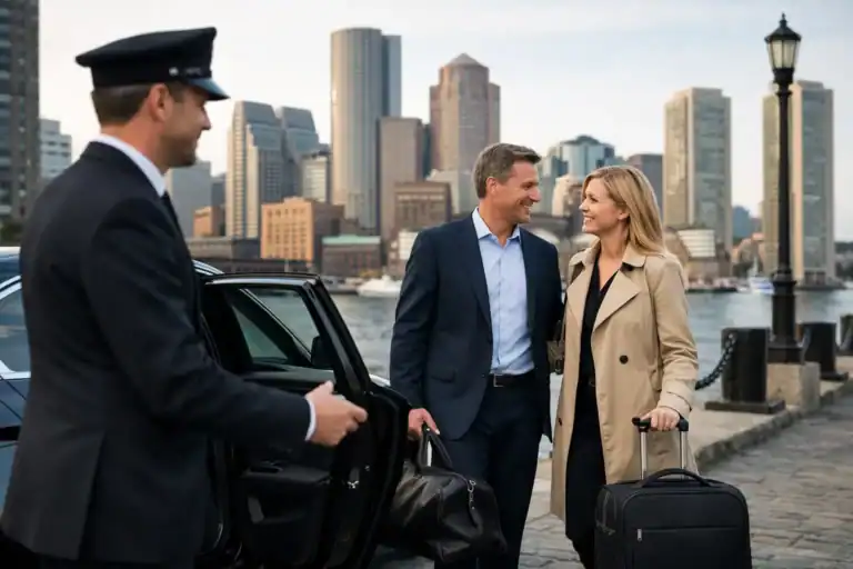 Luxury chauffeur greeting clients with luggage at Boston waterfront.