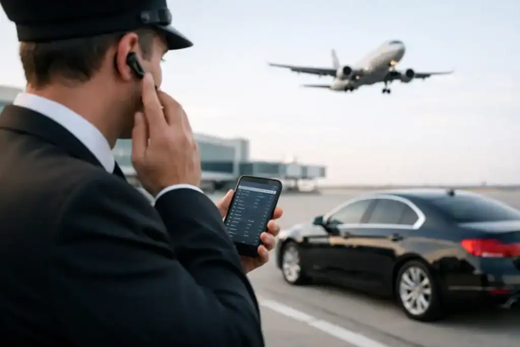 Chauffeur monitoring flight info for Logan Airport pickup with a smartphone.