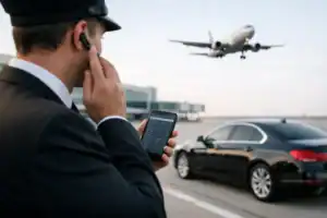 Chauffeur monitoring flight info for Logan Airport pickup with a smartphone.