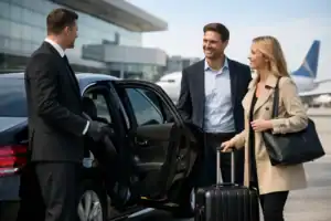 Luxury chauffeur greeting travelers at Boston Logan Airport with black SUV.