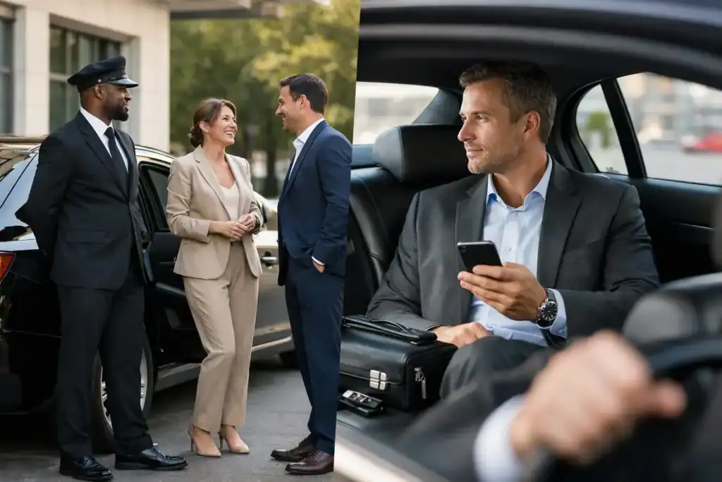 Luxury chauffeur and client meeting outside a black SUV in Boston.