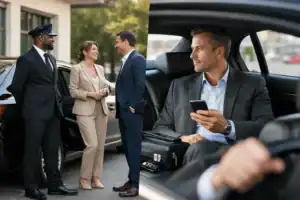 Luxury chauffeur and client meeting outside a black SUV in Boston.