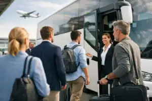 Business travelers boarding a luxury bus at Logan Airport in Boston.
