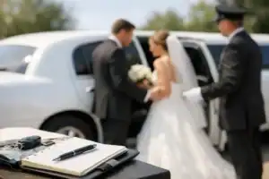 Wedding couple with chauffeur and luxury car at Logan Airport.