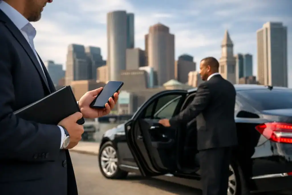 Luxury chauffeur checking smartphone near black sedan in Boston skyline.