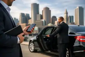Luxury chauffeur checking smartphone near black sedan in Boston skyline.