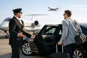 Luxury chauffeur assists traveler at Boston Logan Airport with private car and plane in background.
