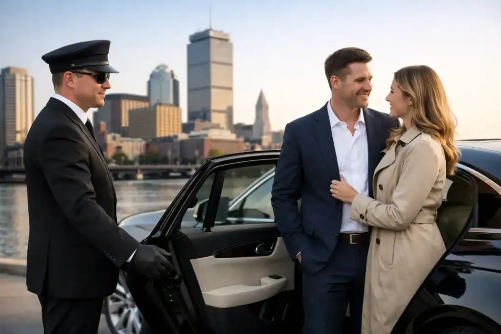 Luxury chauffeur assisting couple with Logan Airport transfer in Boston.