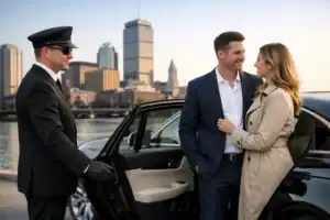 Luxury chauffeur assisting couple with Logan Airport transfer in Boston.
