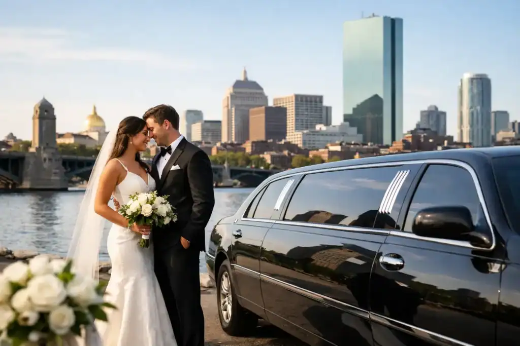 Bride and groom near black luxury SUV with Boston skyline in background.