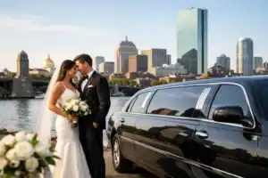 Bride and groom near black luxury SUV with Boston skyline in background.