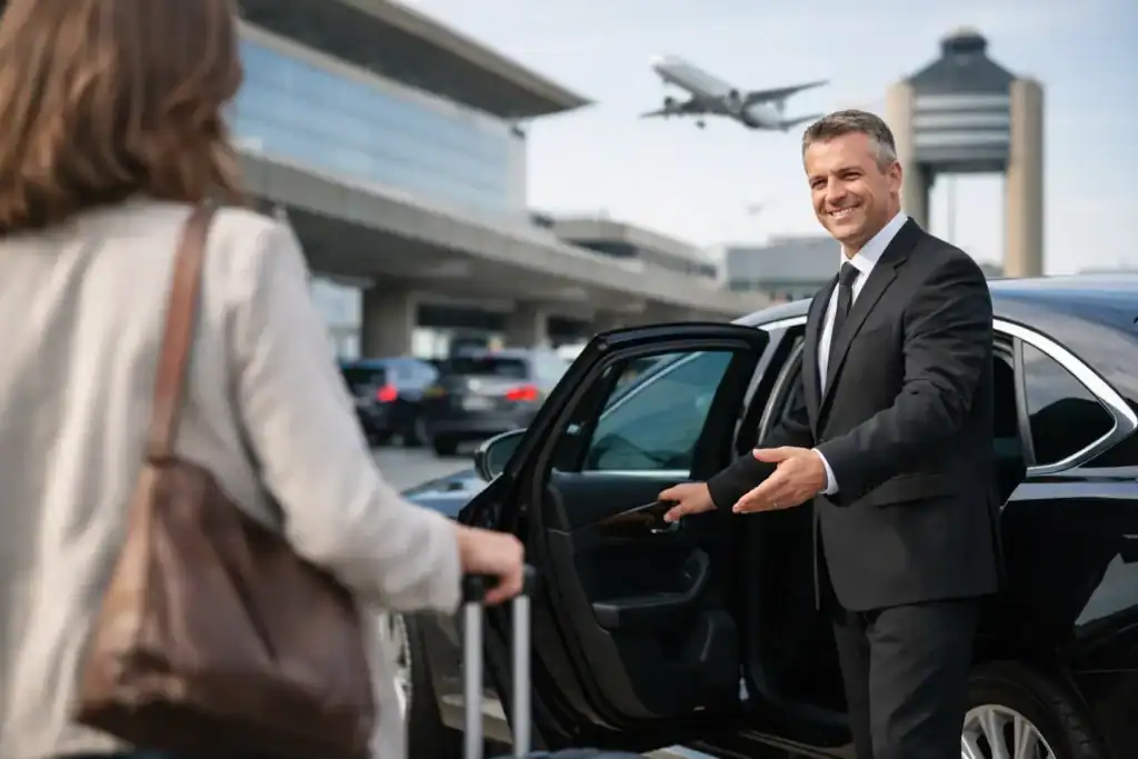 Luxury chauffeur welcomes passenger at Logan Airport arrivals area.