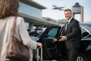 Luxury chauffeur welcomes passenger at Logan Airport arrivals area.