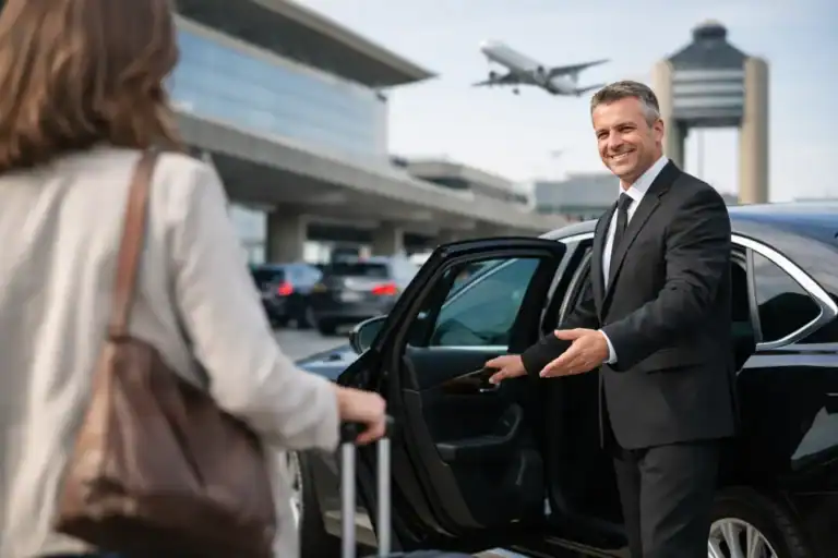 Luxury chauffeur welcomes passenger at Logan Airport arrivals area.