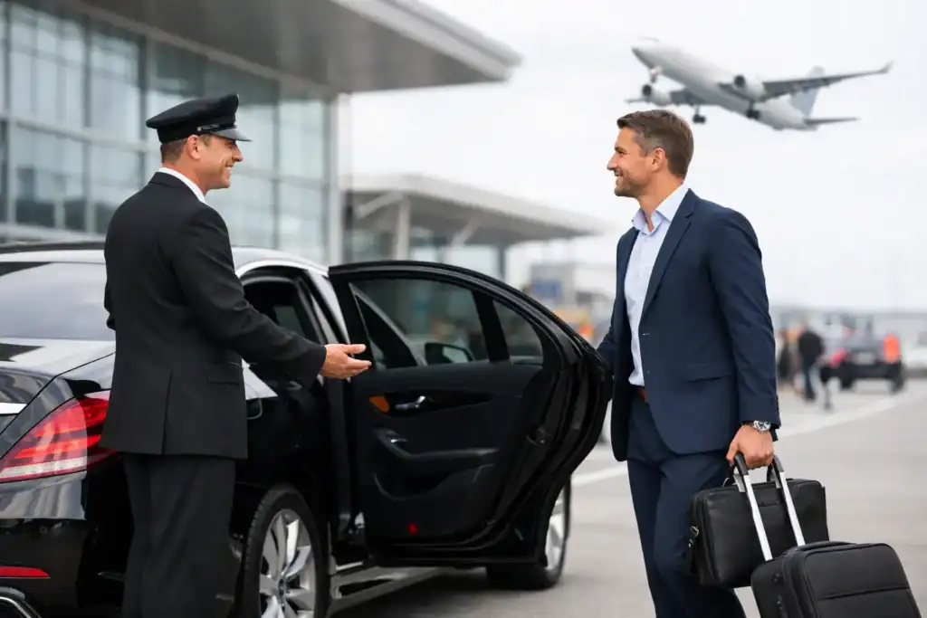 Luxury chauffeur greeting passenger at Boston Logan Airport.
