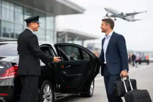 Luxury chauffeur greeting passenger at Boston Logan Airport.